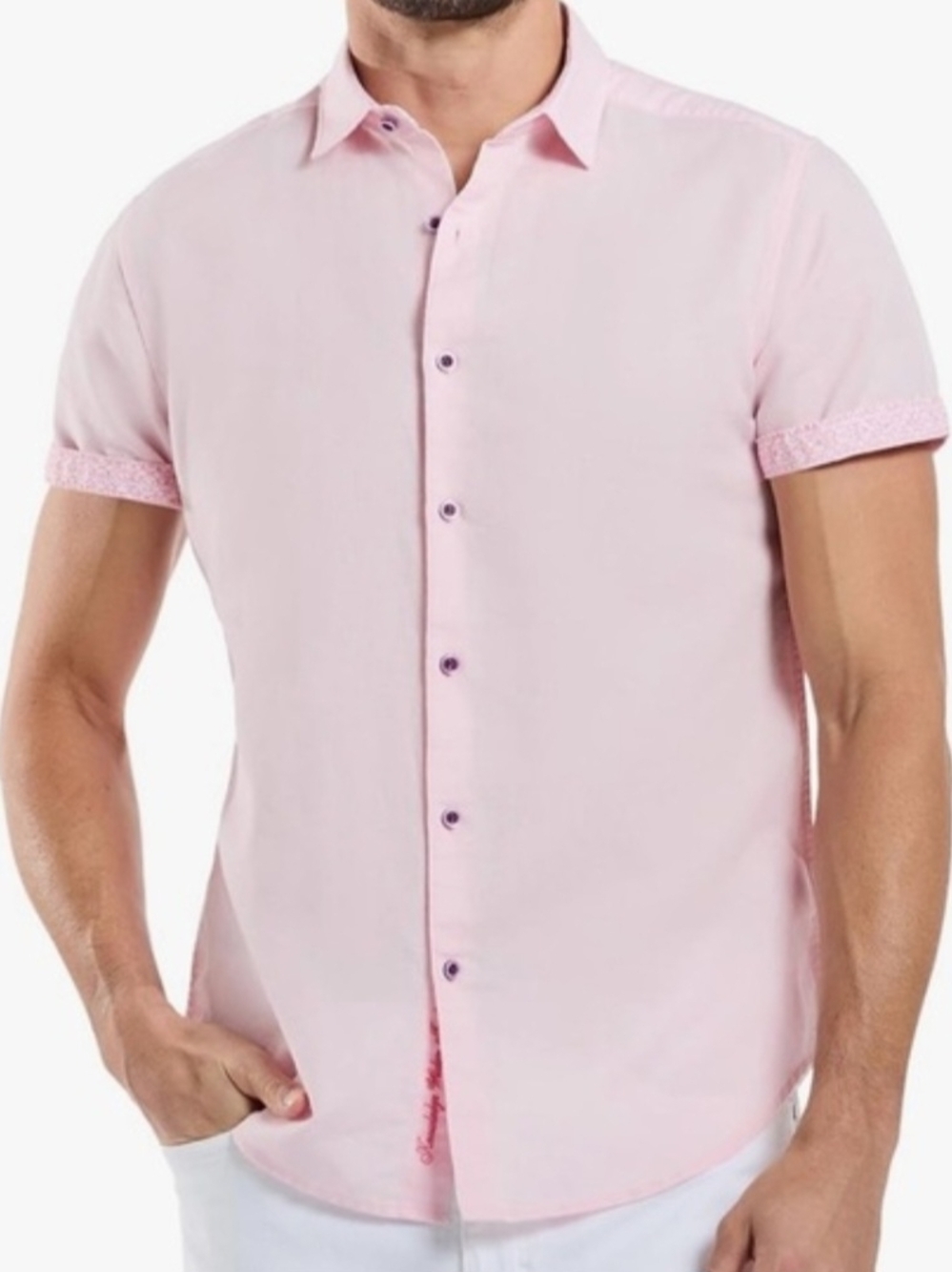 Robert Graham Borsi Linen Blend Short Sleeve Button-Front Shirt Pink SMALL - NWT
